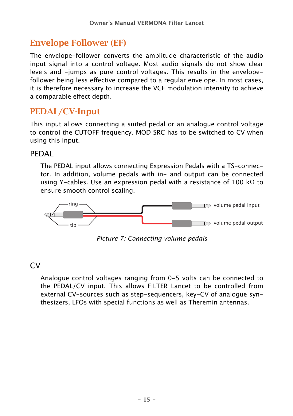 Envelope follower (ef), Pedal/cv-input, Pedal | Vermona Filter Lancet - analogue multimode filter User Manual | Page 15 / 19