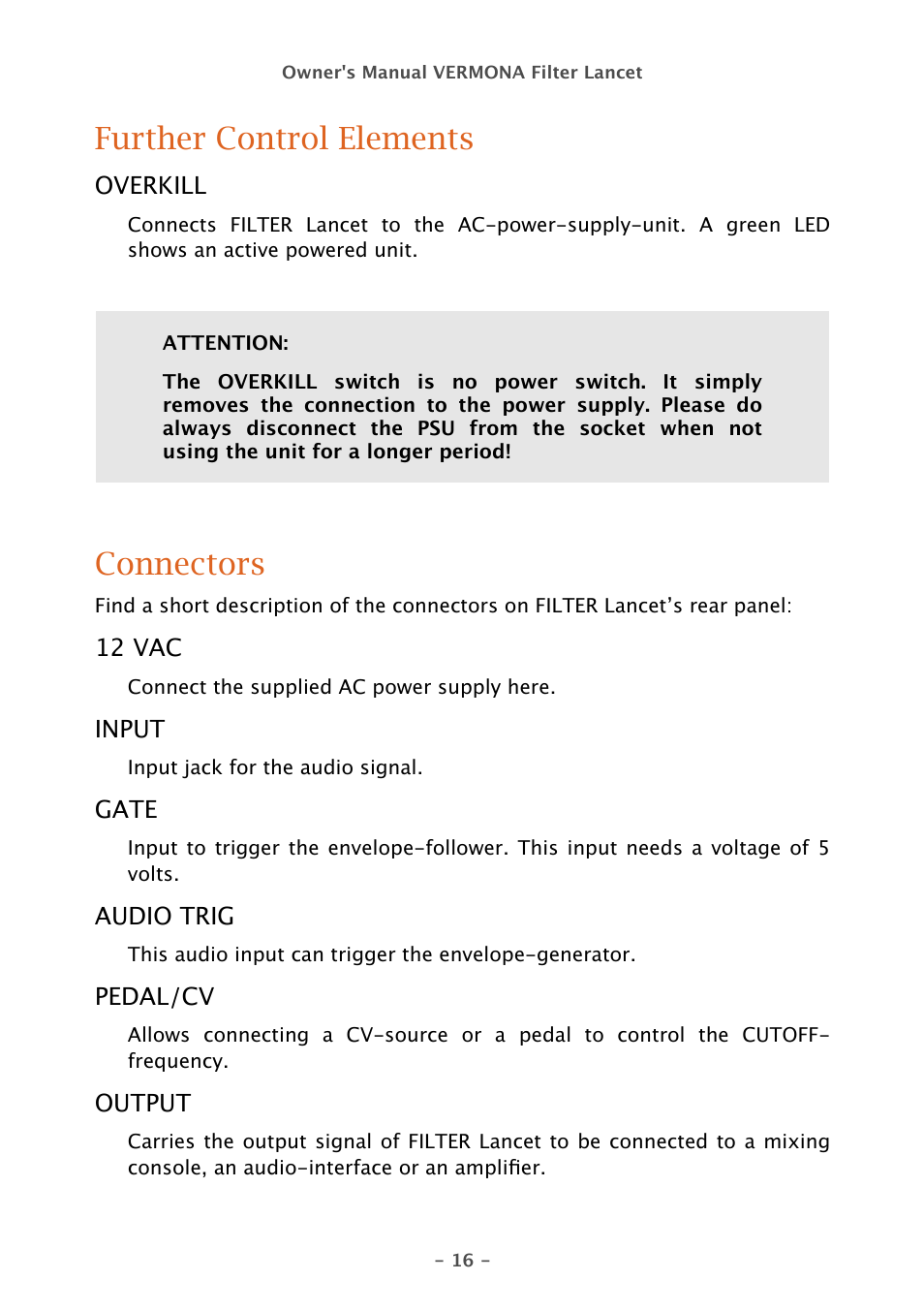 Further control elements, Connectors | Vermona Filter Lancet - analogue multimode filter User Manual | Page 16 / 19