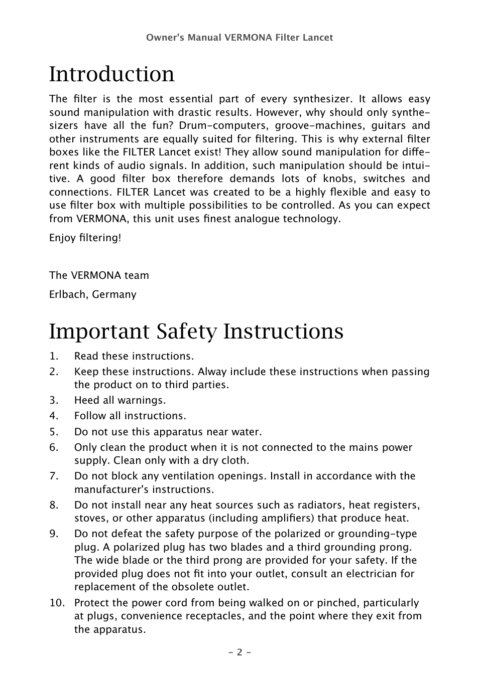 Introduction, Important safety instructions | Vermona Filter Lancet - analogue multimode filter User Manual | Page 2 / 19