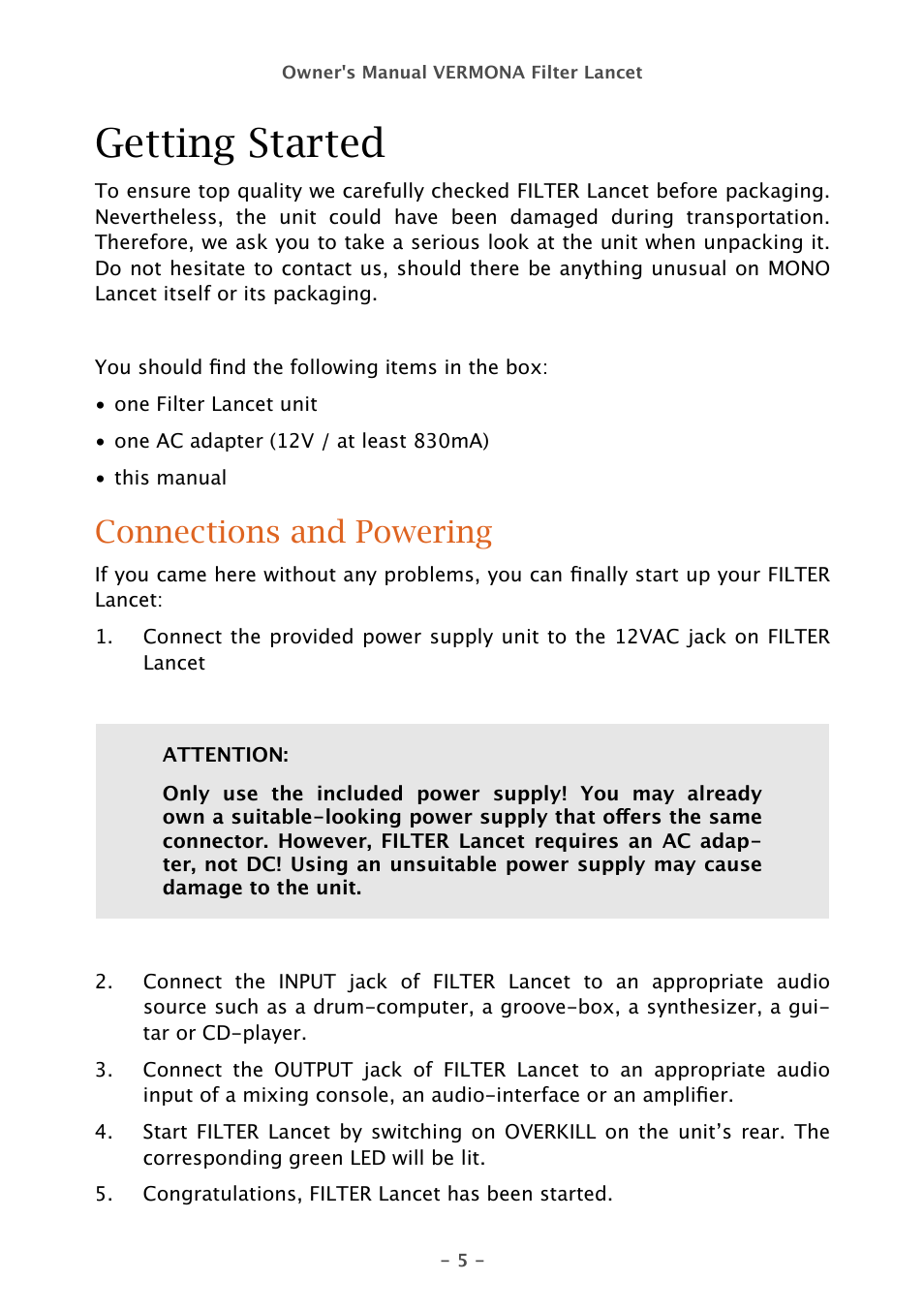Getting started, Connections and powering | Vermona Filter Lancet - analogue multimode filter User Manual | Page 5 / 19