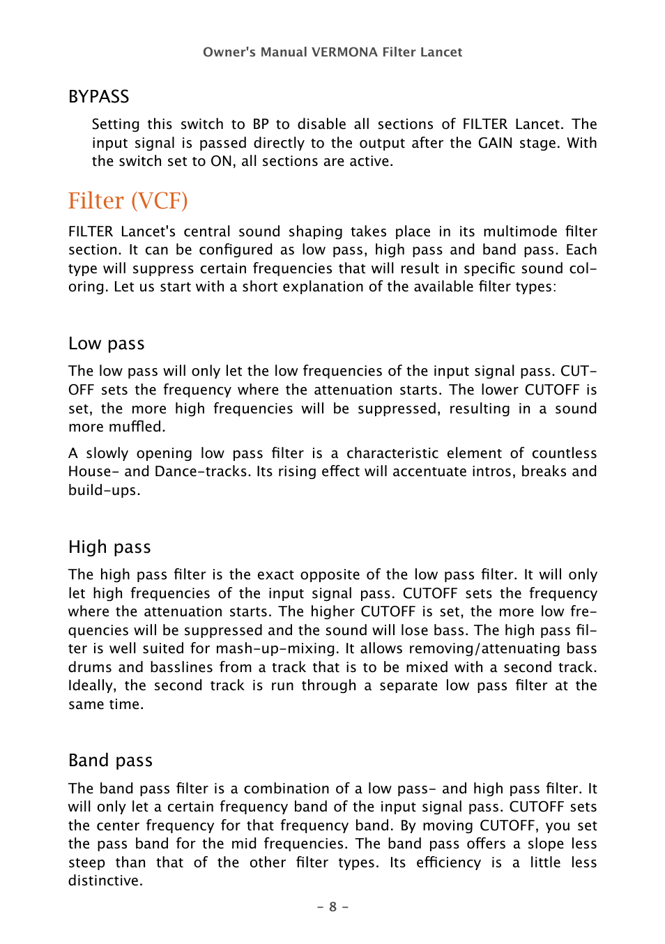 Filter (vcf) | Vermona Filter Lancet - analogue multimode filter User Manual | Page 8 / 19