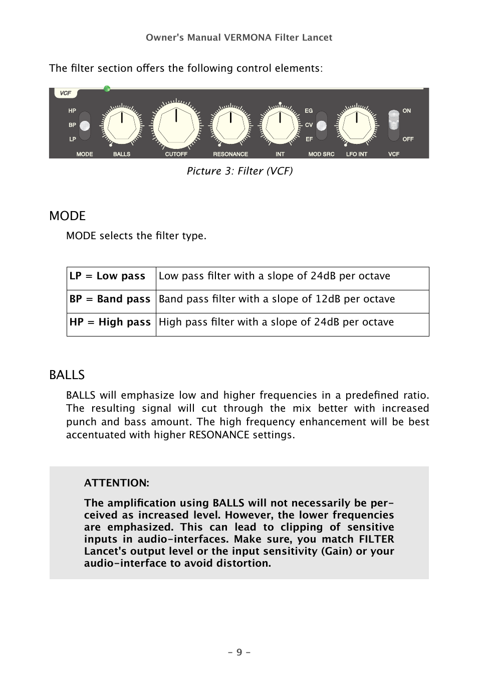 Mode, Balls | Vermona Filter Lancet - analogue multimode filter User Manual | Page 9 / 19