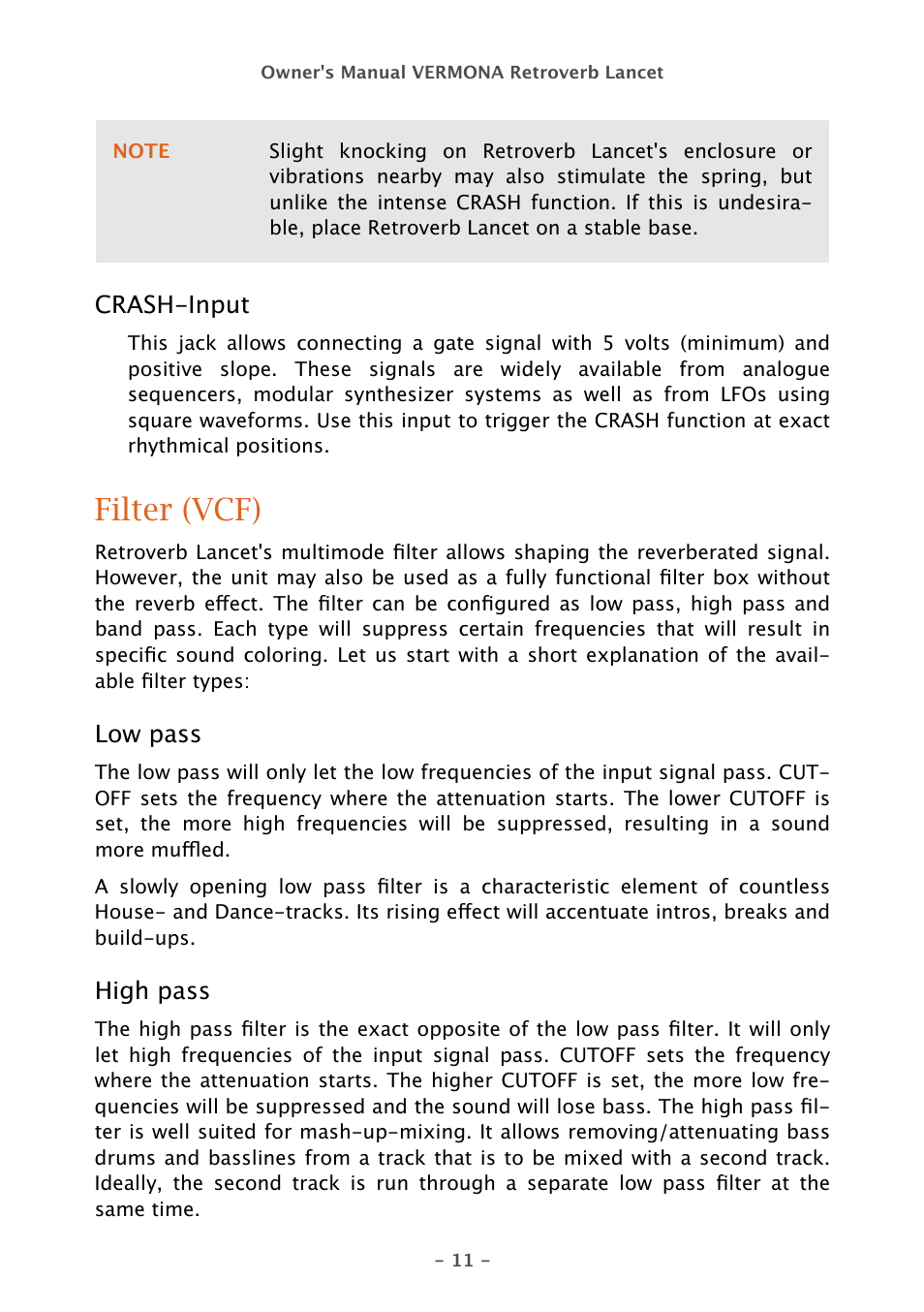 Filter (vcf) | Vermona Retroverb Lancet - spring reverb User Manual | Page 11 / 23