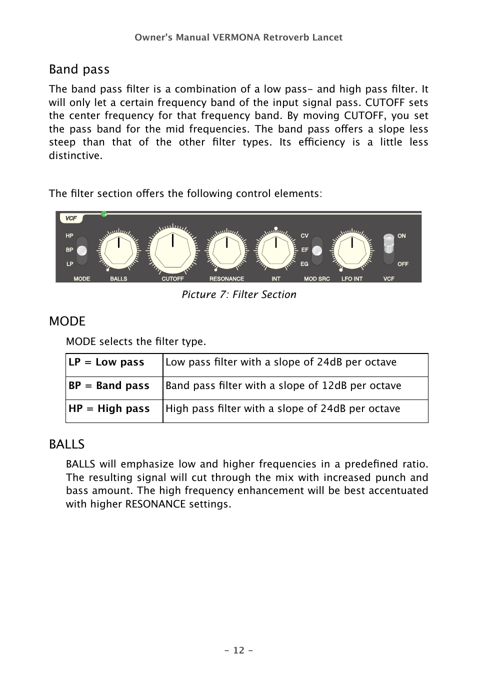 Band pass, Mode, Balls | Vermona Retroverb Lancet - spring reverb User Manual | Page 12 / 23