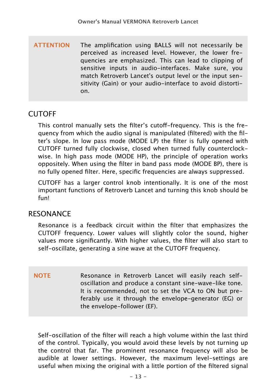 Cutoff, Resonance | Vermona Retroverb Lancet - spring reverb User Manual | Page 13 / 23