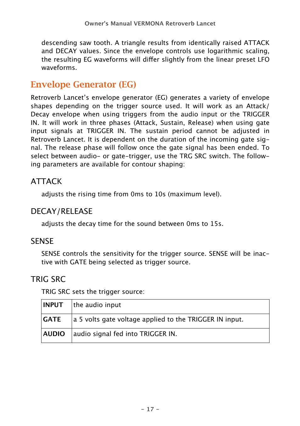 Envelope generator (eg) | Vermona Retroverb Lancet - spring reverb User Manual | Page 17 / 23