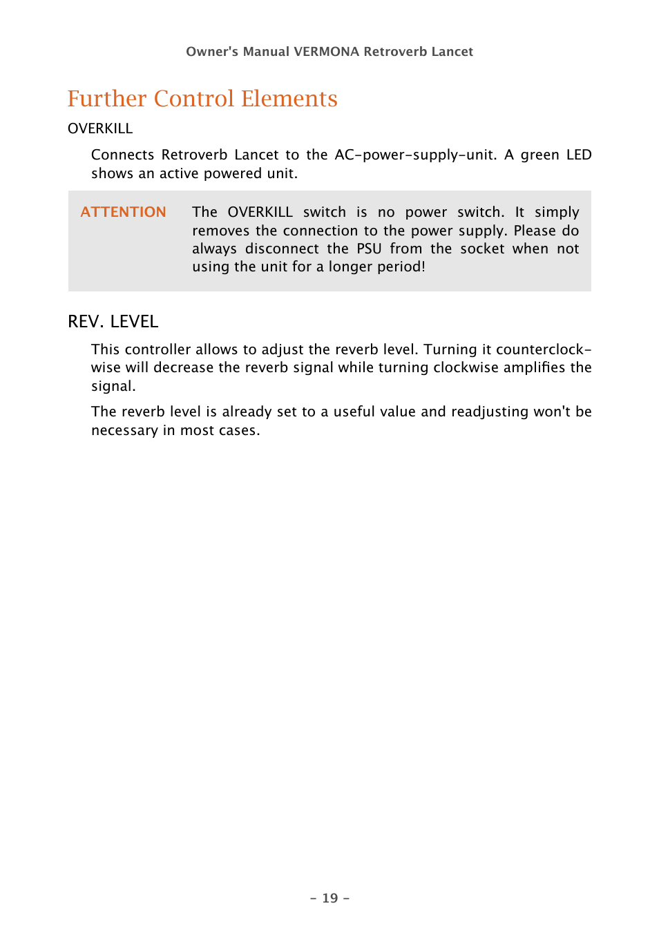 Further control elements | Vermona Retroverb Lancet - spring reverb User Manual | Page 19 / 23