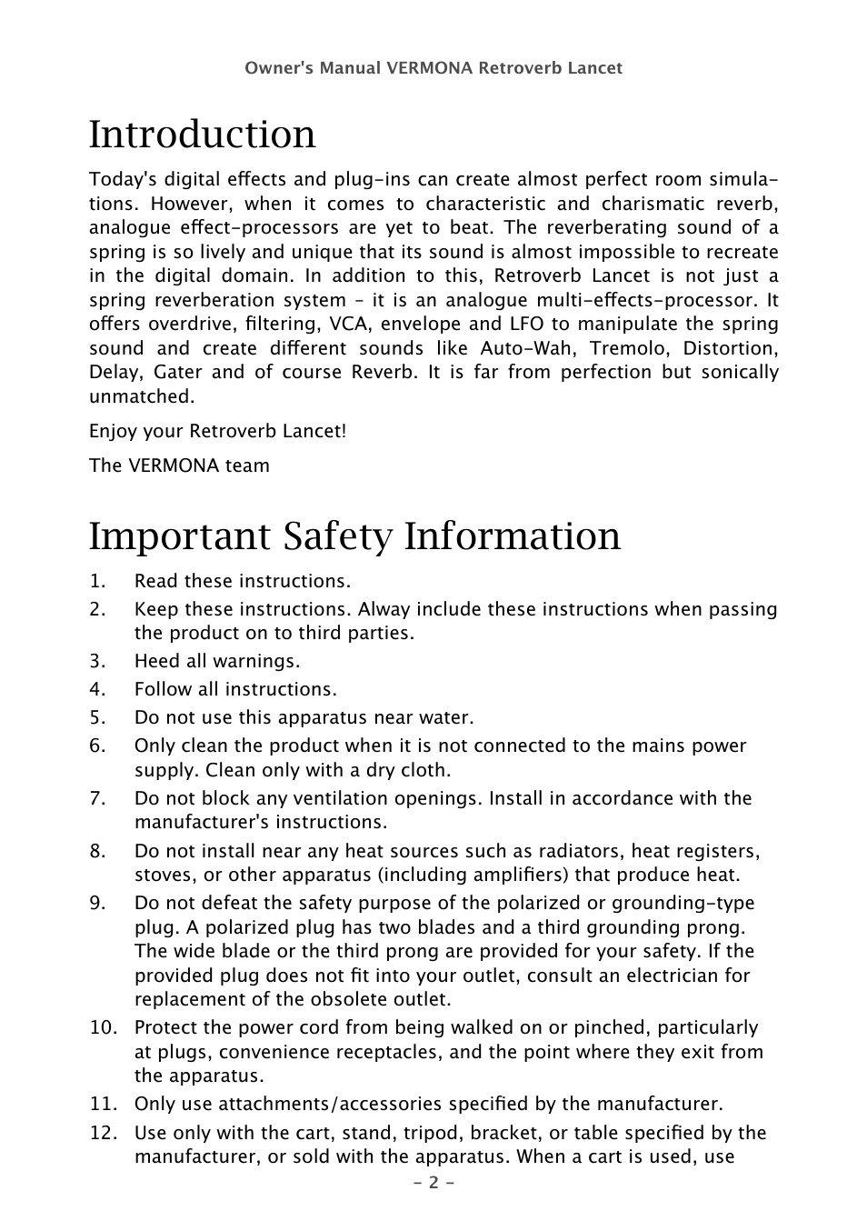 Introduction, Important safety information | Vermona Retroverb Lancet - spring reverb User Manual | Page 2 / 23