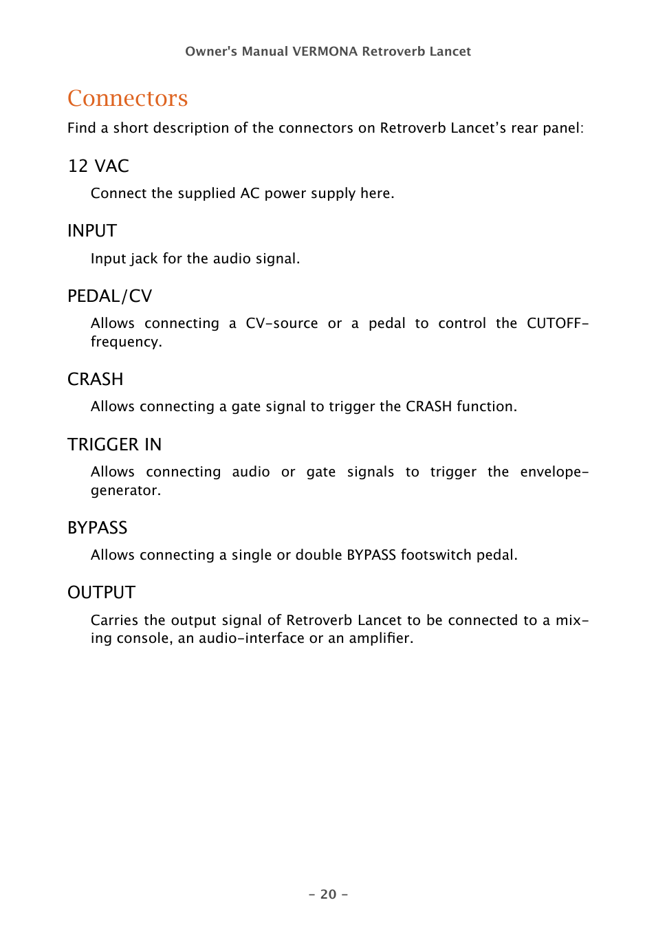 Connectors | Vermona Retroverb Lancet - spring reverb User Manual | Page 20 / 23