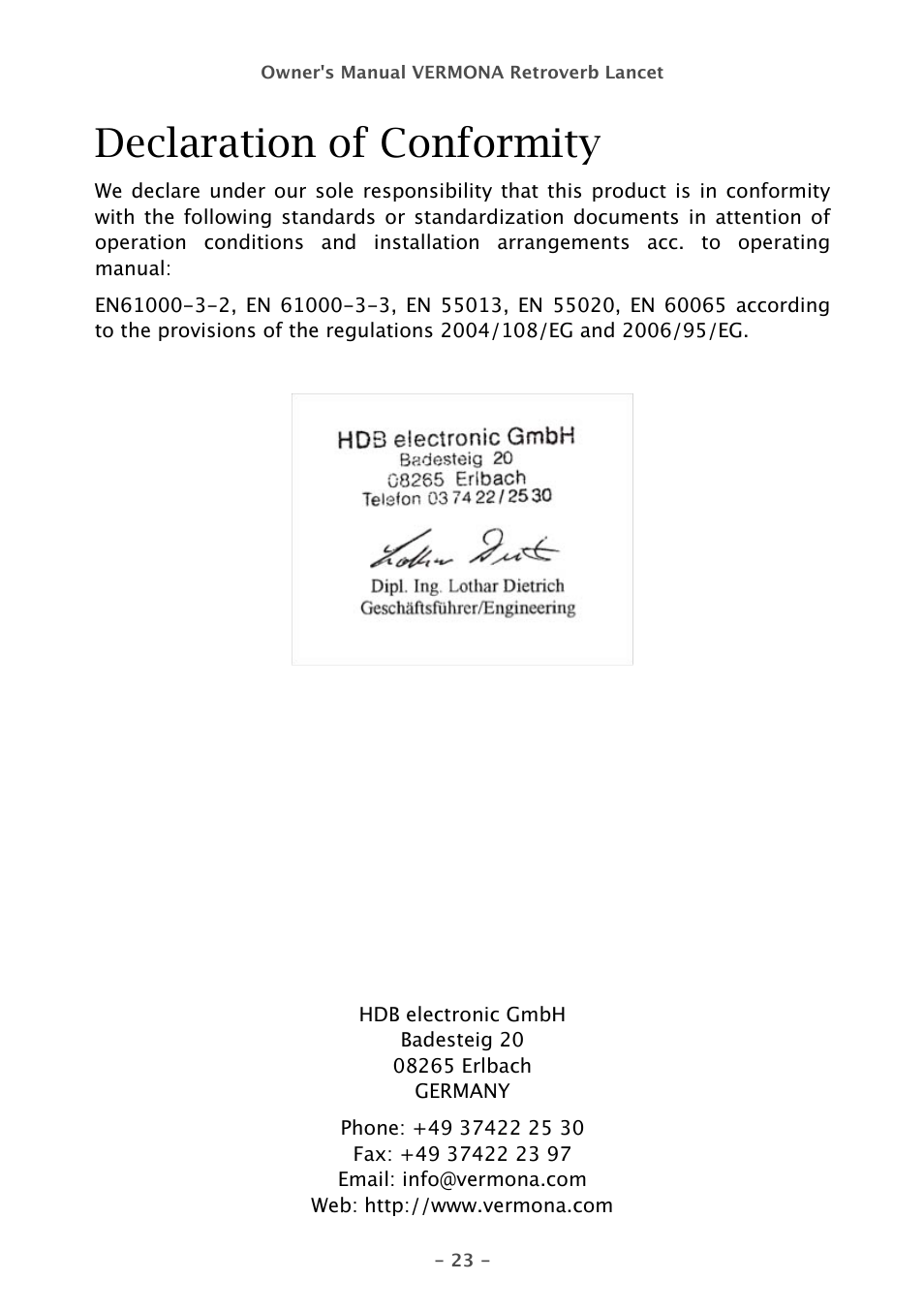 Declaration of conformity | Vermona Retroverb Lancet - spring reverb User Manual | Page 23 / 23