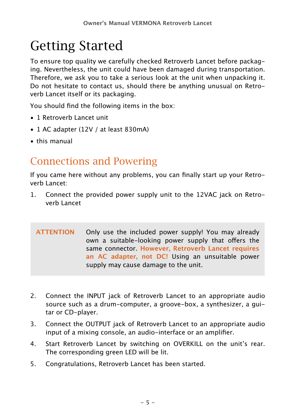 Getting started, Connections and powering | Vermona Retroverb Lancet - spring reverb User Manual | Page 5 / 23