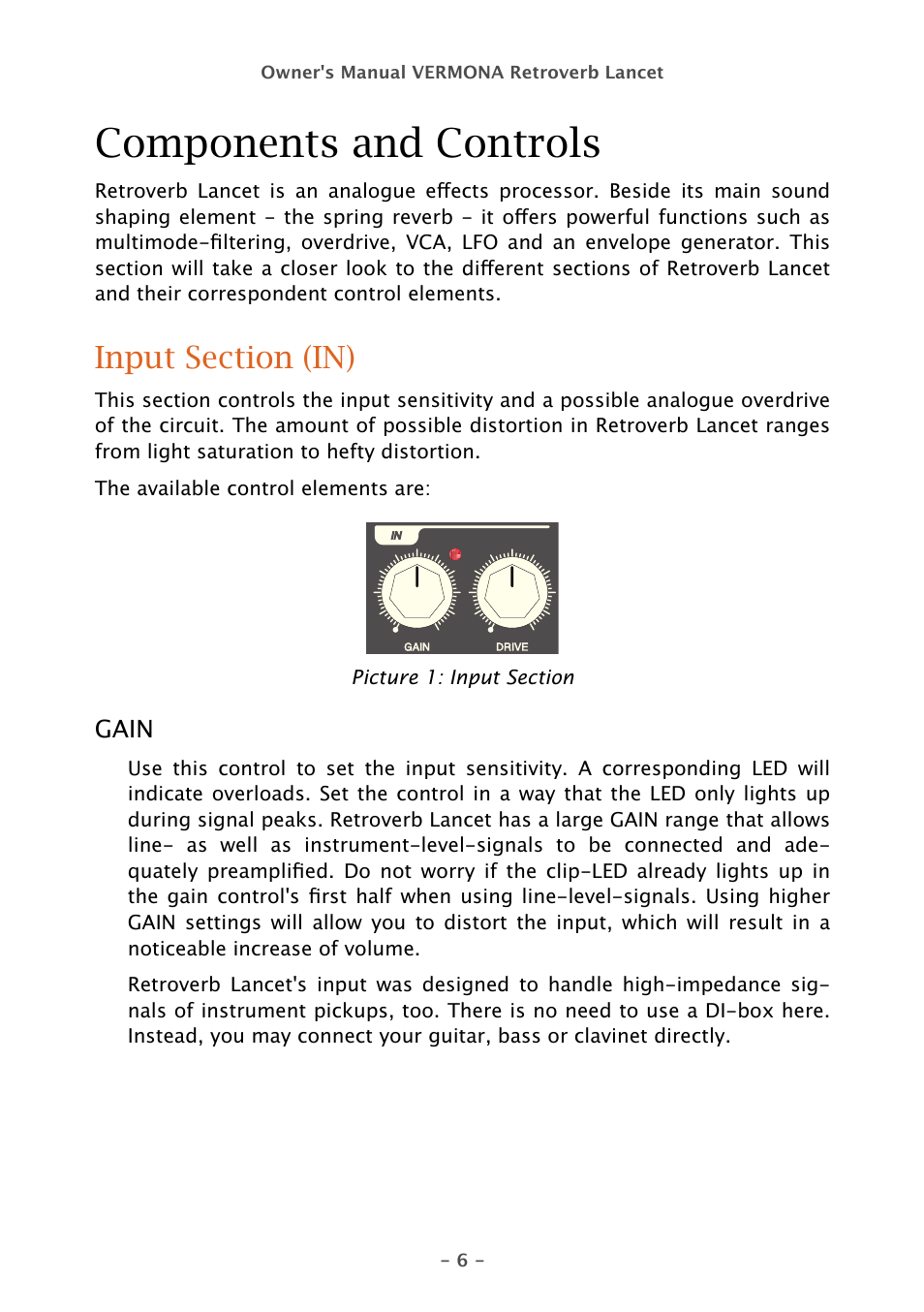Components and controls | Vermona Retroverb Lancet - spring reverb User Manual | Page 6 / 23
