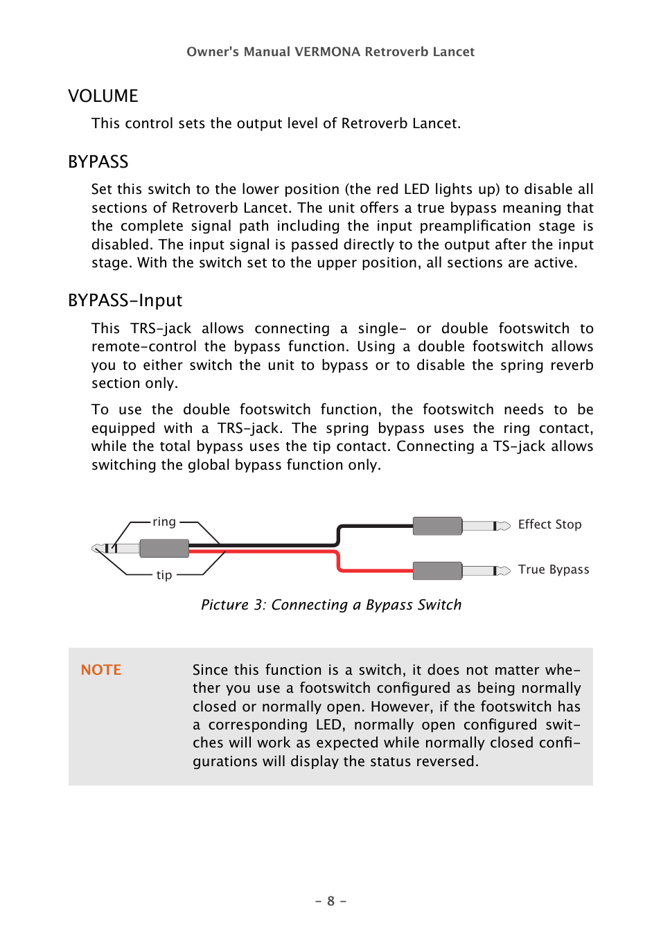 Volume, Bypass, Bypass-input | Vermona Retroverb Lancet - spring reverb User Manual | Page 8 / 23