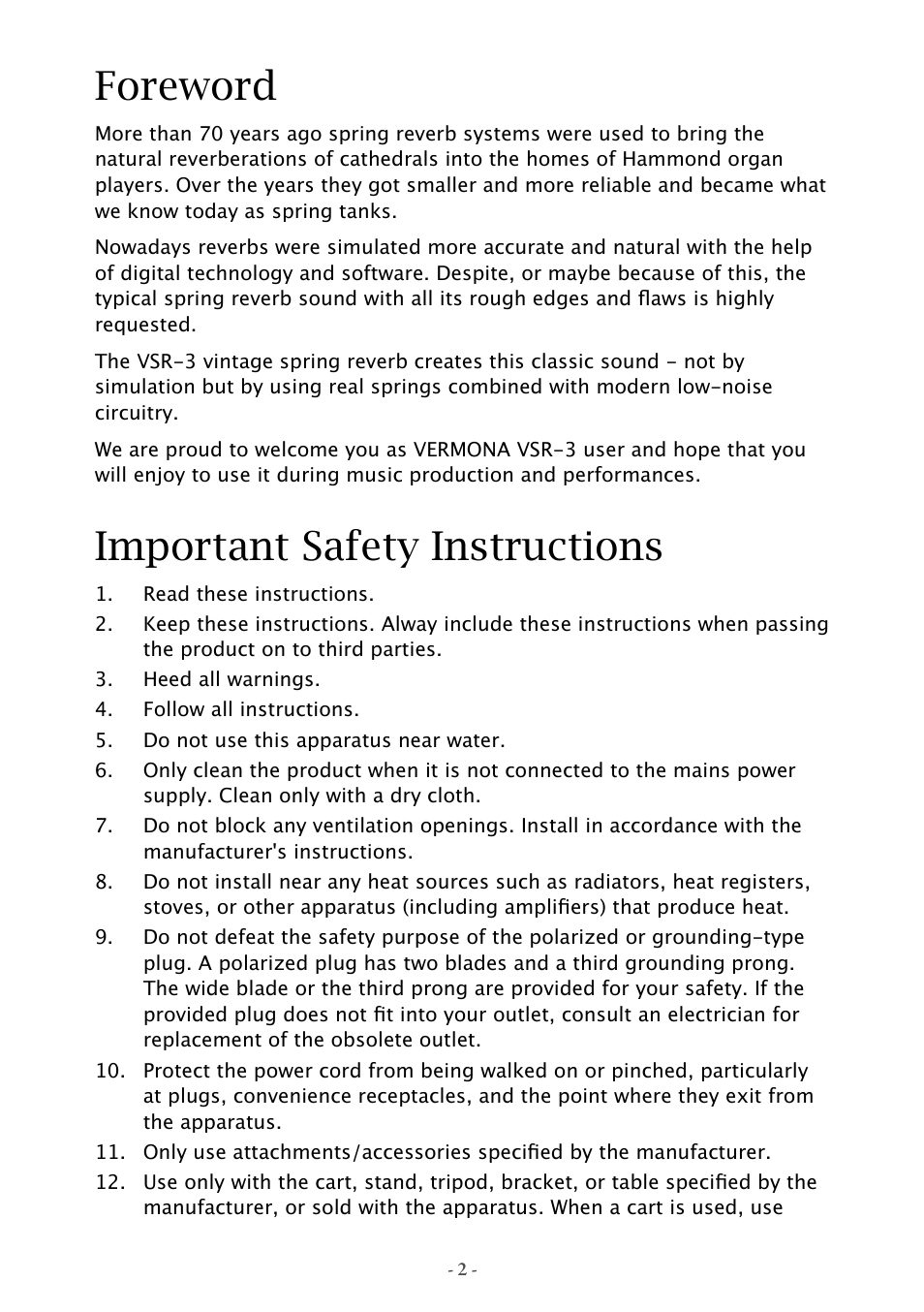 Foreword, Important safety instructions | Vermona VSR-3 - vintage spring reverb User Manual | Page 2 / 8