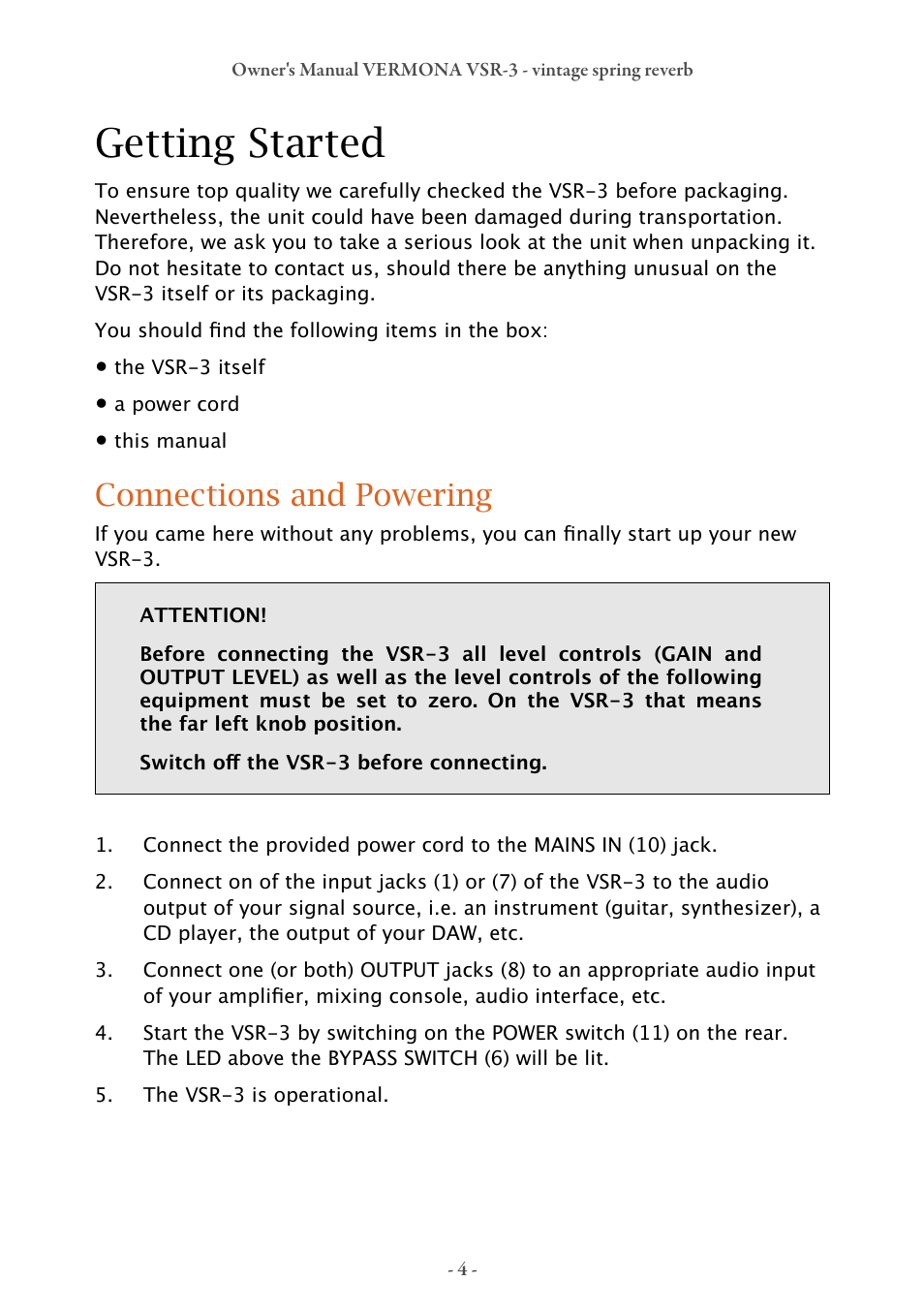Getting started, Connections and powering | Vermona VSR-3 - vintage spring reverb User Manual | Page 4 / 8