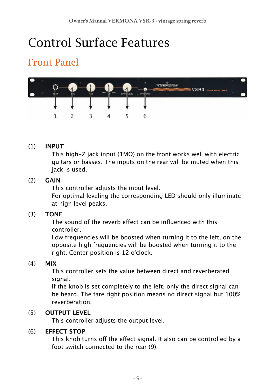 Control surface features, Front panel | Vermona VSR-3 - vintage spring reverb User Manual | Page 5 / 8