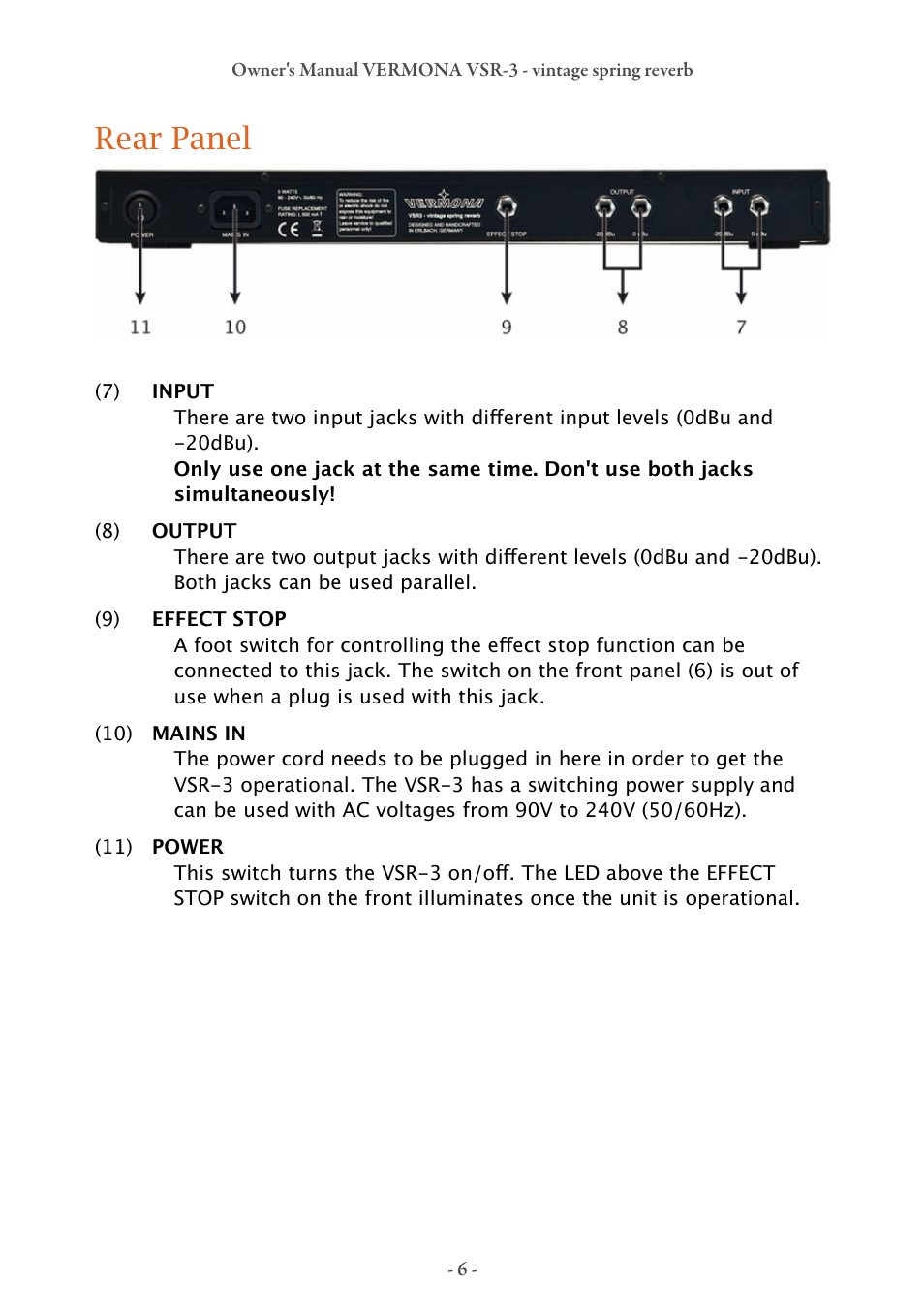 Rear panel | Vermona VSR-3 - vintage spring reverb User Manual | Page 6 / 8