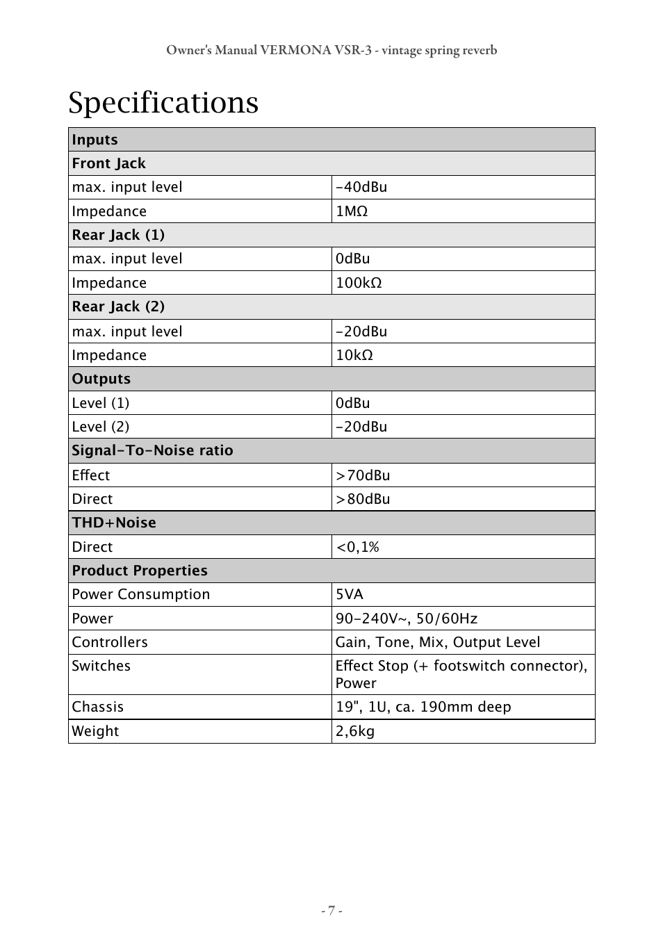 Specifications | Vermona VSR-3 - vintage spring reverb User Manual | Page 7 / 8