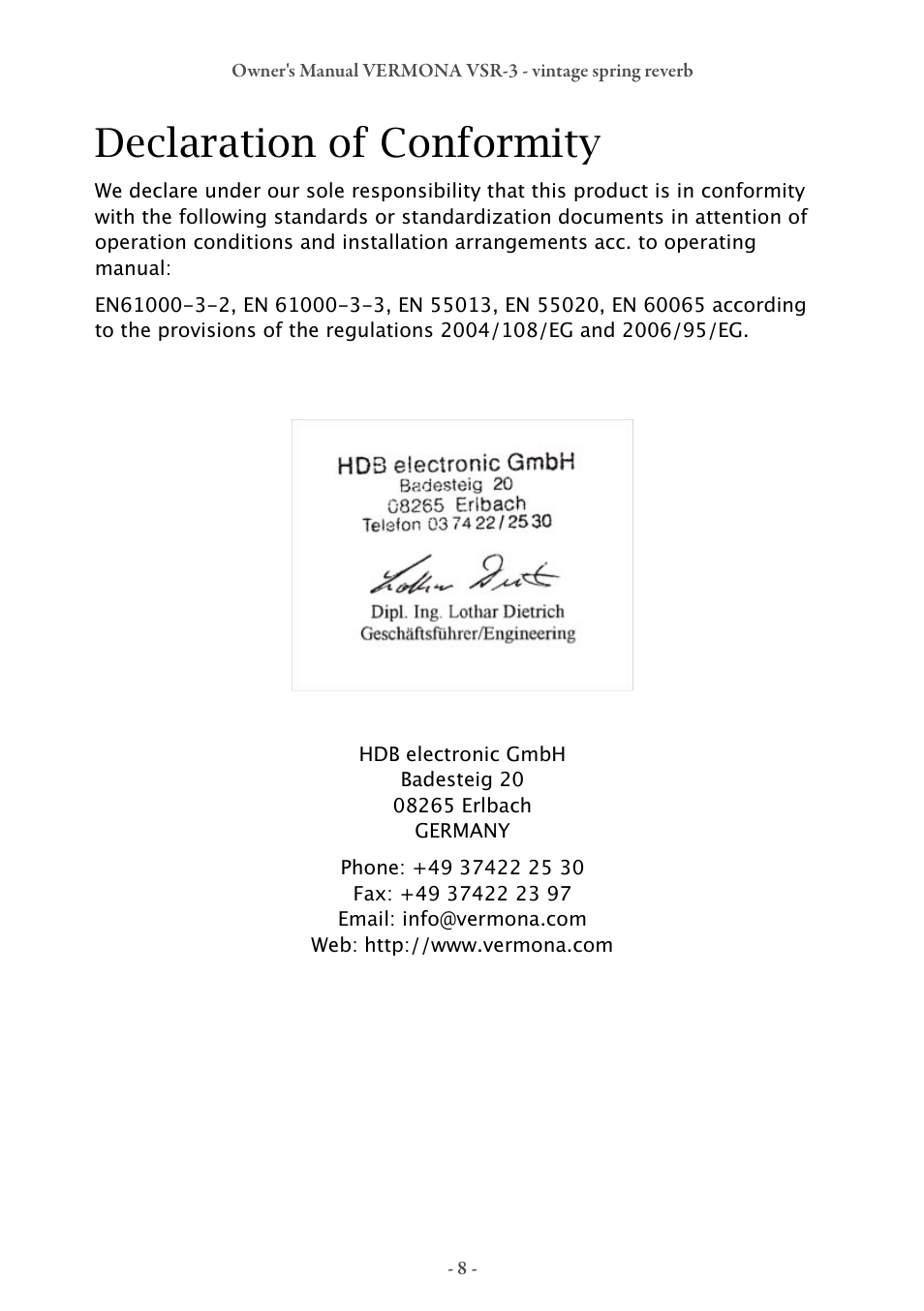 Declaration of conformity | Vermona VSR-3 - vintage spring reverb User Manual | Page 8 / 8