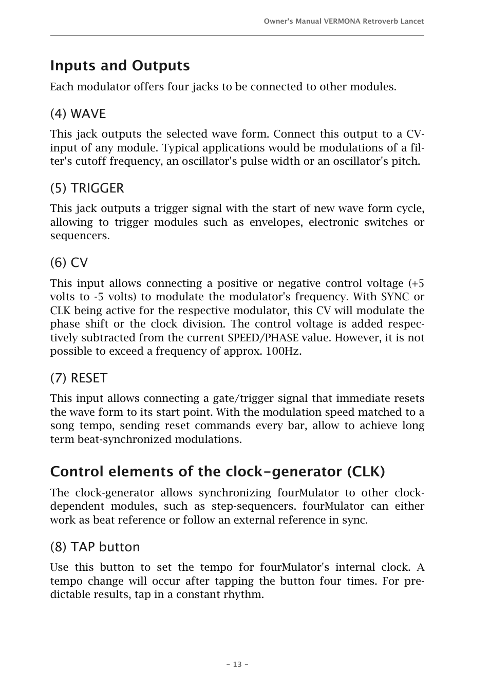 Inputs and outputs, Control elements of the clock-generator (clk) | Vermona fourMulator - quad modulation engine User Manual | Page 13 / 18