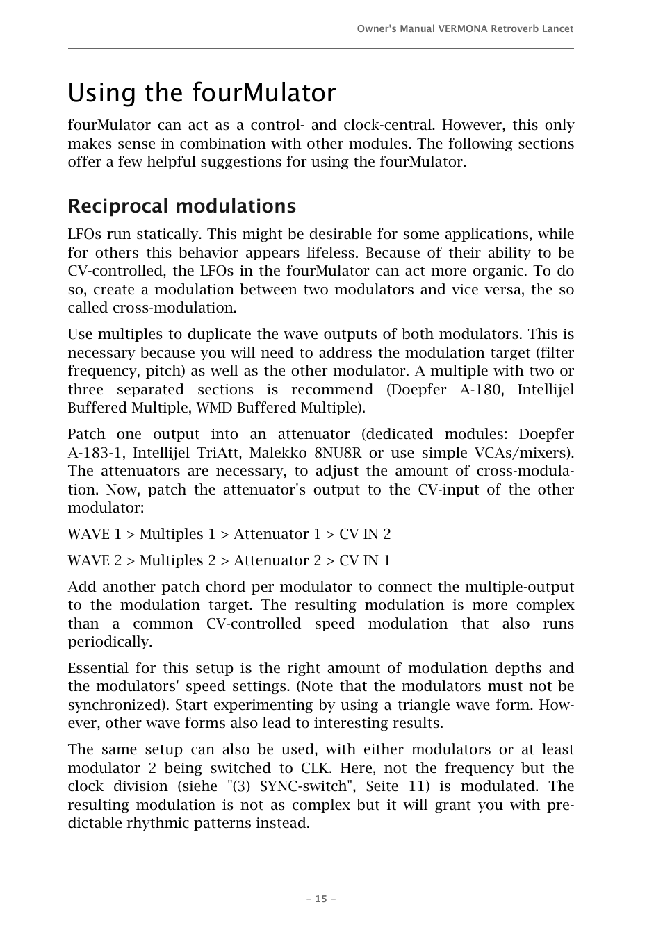 Using the fourmulator, Reciprocal modulations | Vermona fourMulator - quad modulation engine User Manual | Page 15 / 18