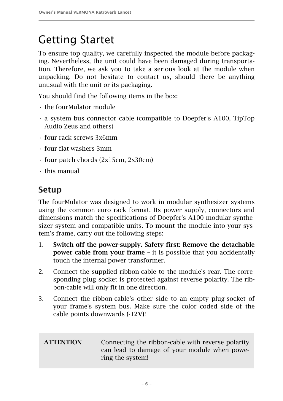 Getting startet, Setup | Vermona fourMulator - quad modulation engine User Manual | Page 6 / 18