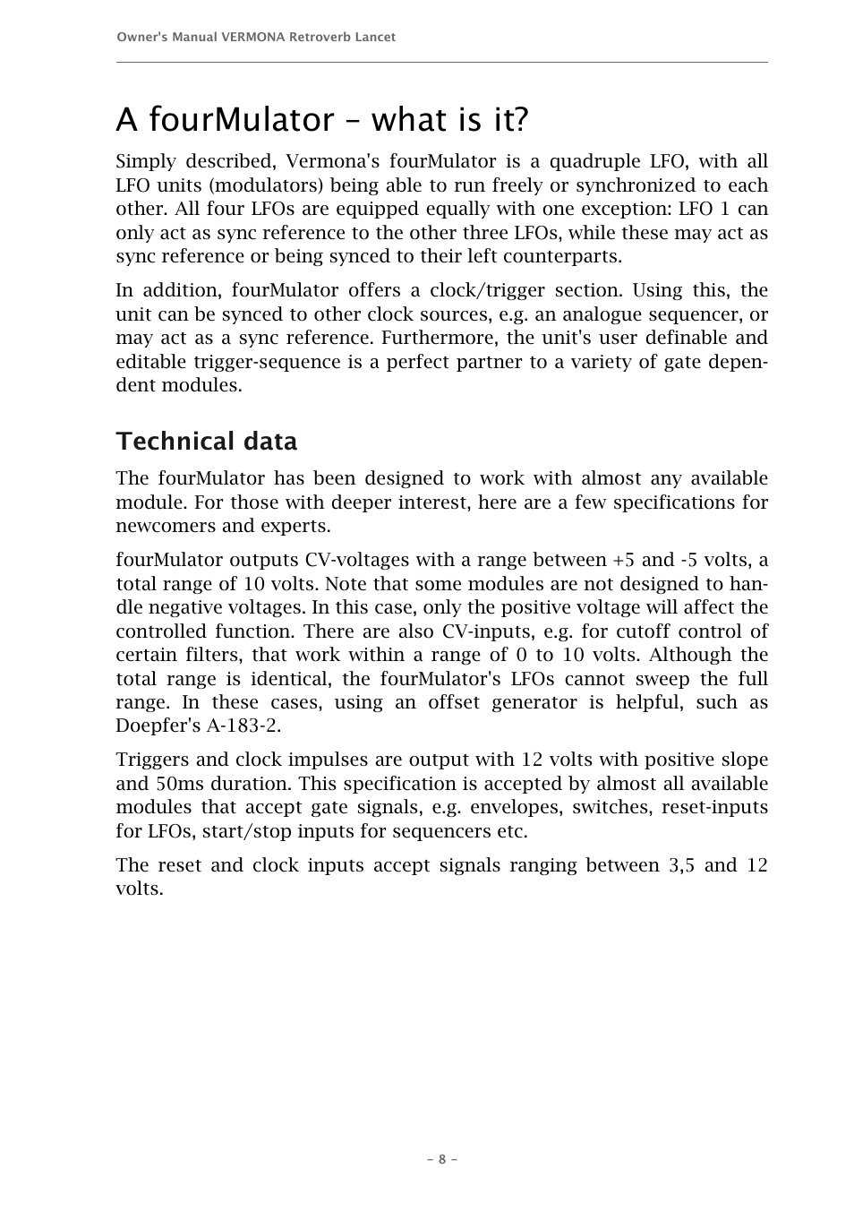 A fourmulator – what is it, Technical data | Vermona fourMulator - quad modulation engine User Manual | Page 8 / 18