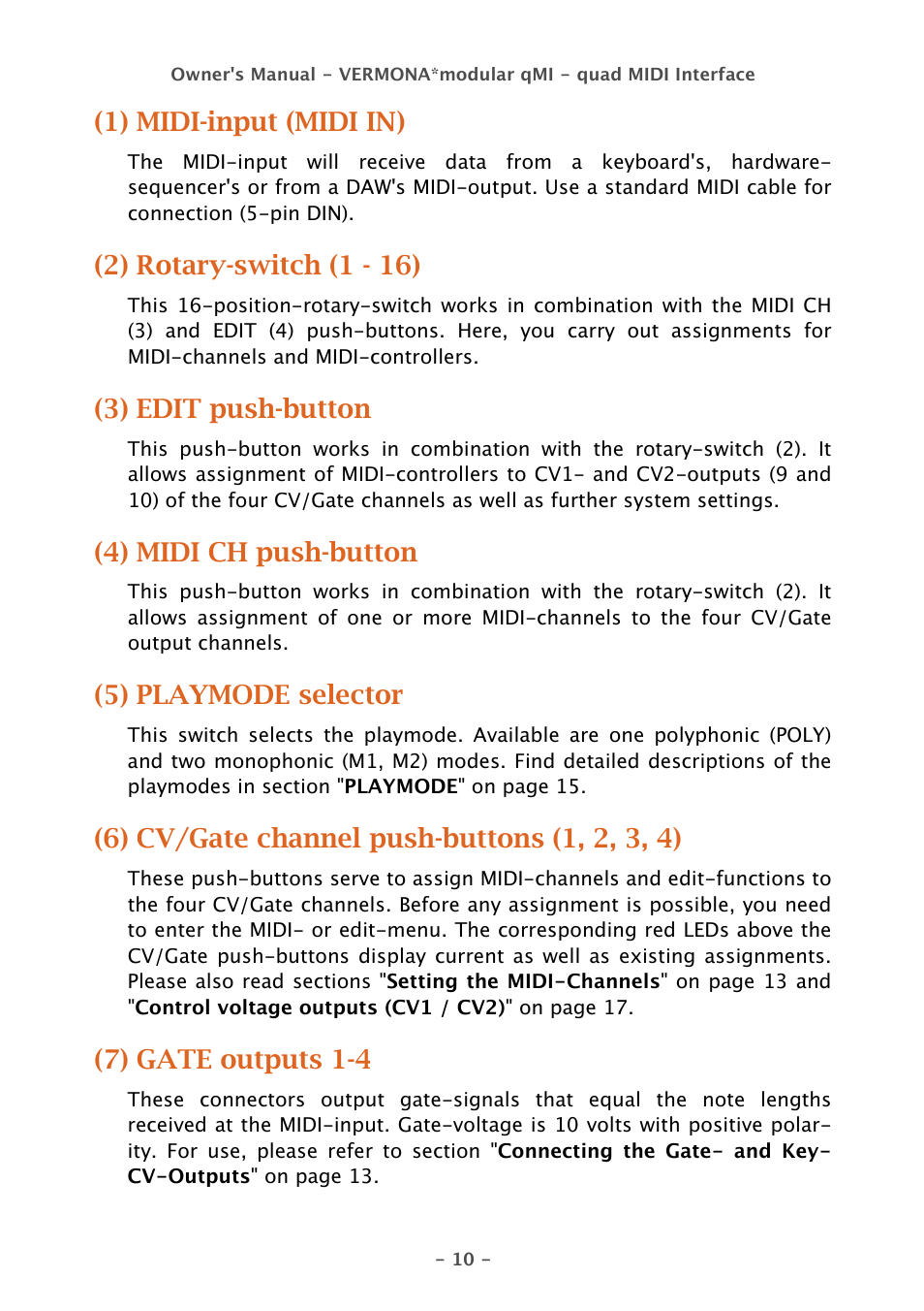 1) midi-input (midi in), 2) rotary-switch (1 - 16), 3) edit push-button | 4) midi ch push-button, 5) playmode selector, 7) gate outputs 1-4 | Vermona qMI - quad MIDI Interface User Manual | Page 10 / 22