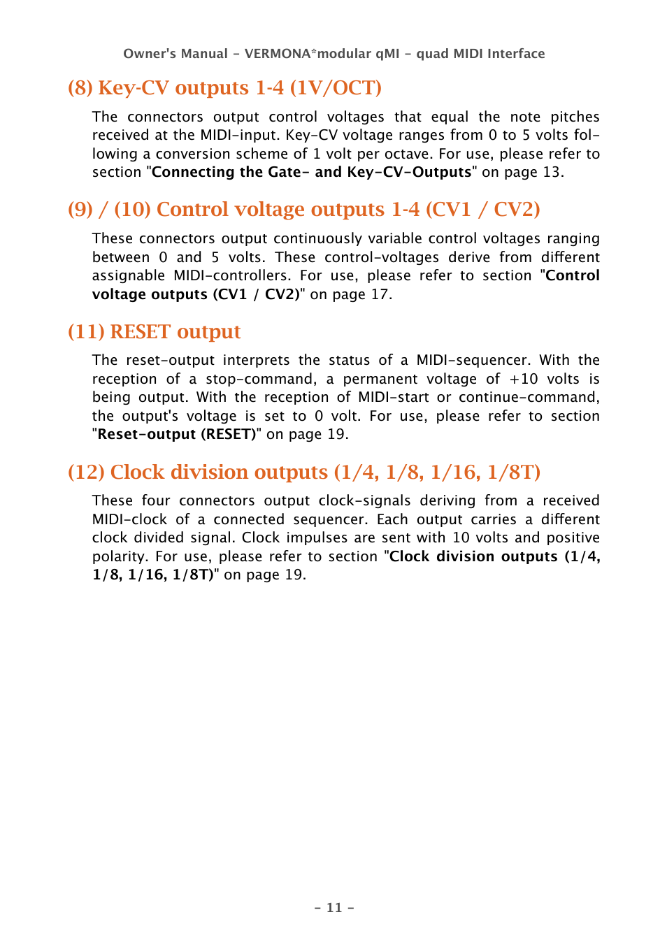 8) key-cv outputs 1-4 (1v/oct), 11) reset output | Vermona qMI - quad MIDI Interface User Manual | Page 11 / 22