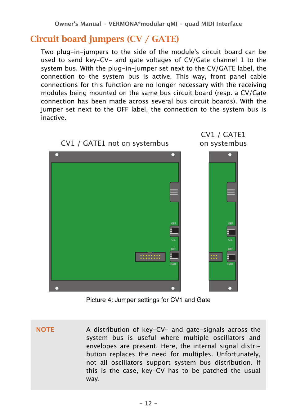 Circuit board jumpers (cv / gate) | Vermona qMI - quad MIDI Interface User Manual | Page 12 / 22