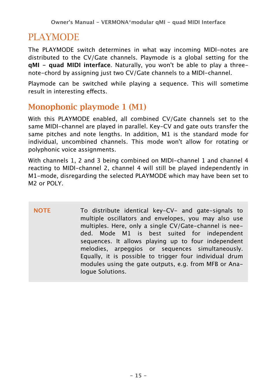 Playmode, Monophonic playmode 1 (m1) | Vermona qMI - quad MIDI Interface User Manual | Page 15 / 22