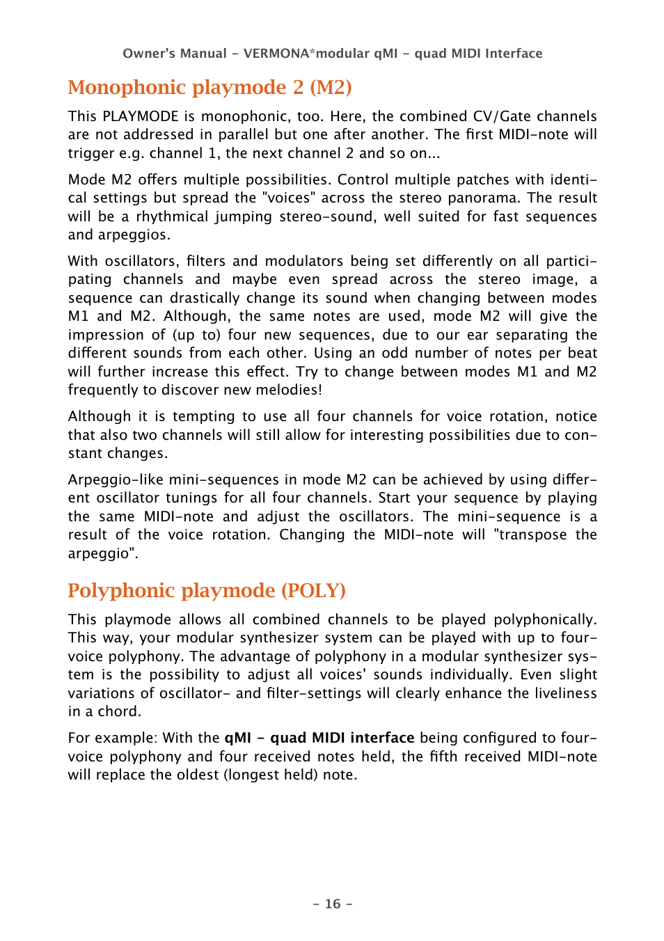 Monophonic playmode 2 (m2), Polyphonic playmode (poly) | Vermona qMI - quad MIDI Interface User Manual | Page 16 / 22