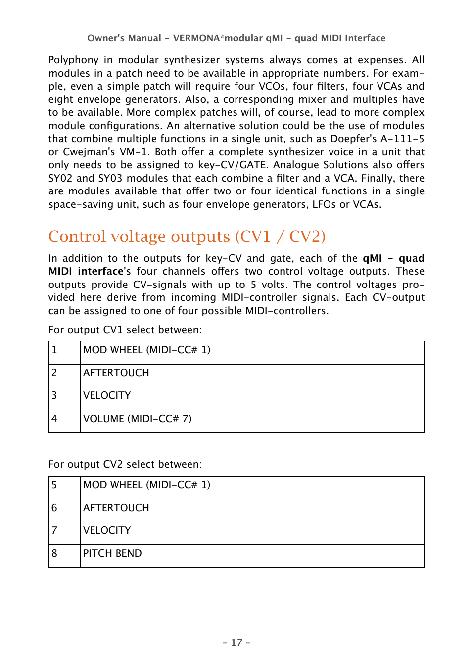 Control voltage outputs (cv1 / cv2) | Vermona qMI - quad MIDI Interface User Manual | Page 17 / 22