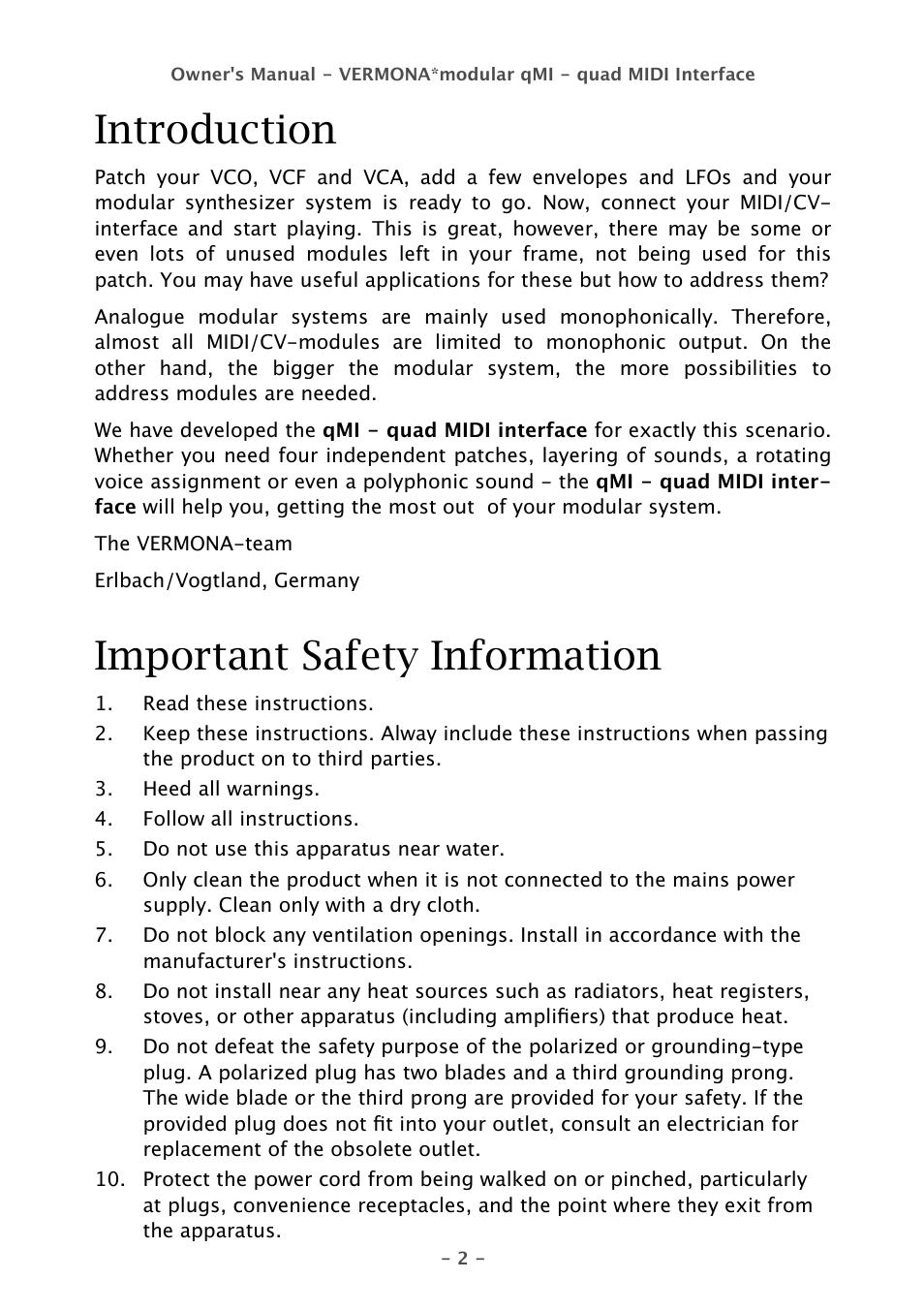 Introduction, Important safety information | Vermona qMI - quad MIDI Interface User Manual | Page 2 / 22