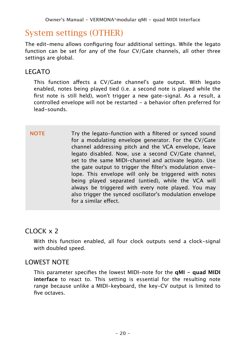 System settings (other) | Vermona qMI - quad MIDI Interface User Manual | Page 20 / 22