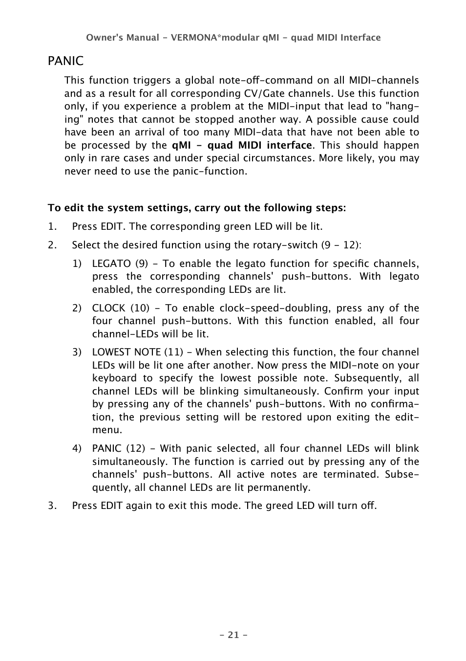 Panic | Vermona qMI - quad MIDI Interface User Manual | Page 21 / 22