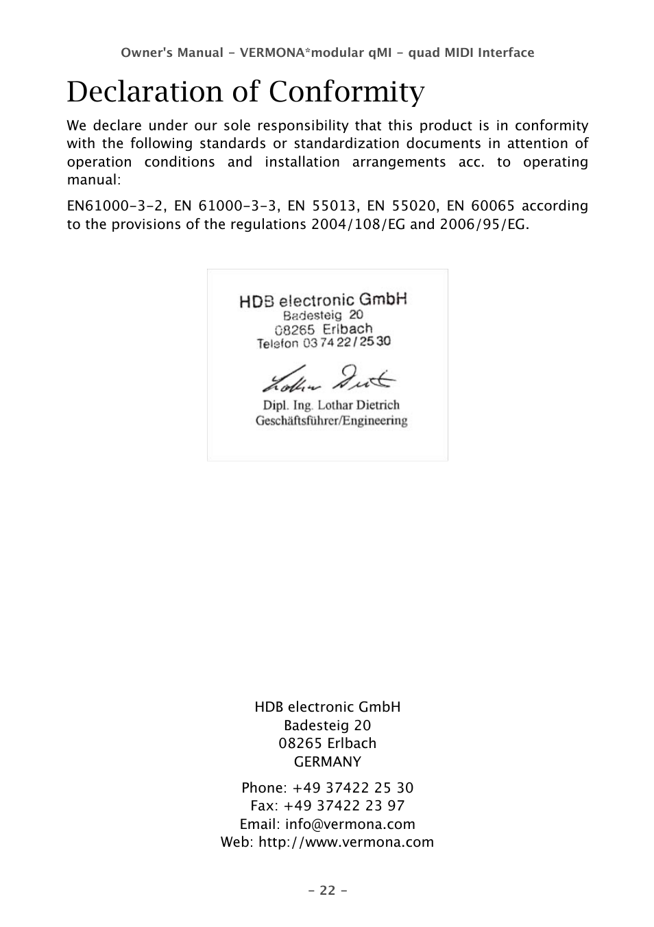Declaration of conformity | Vermona qMI - quad MIDI Interface User Manual | Page 22 / 22