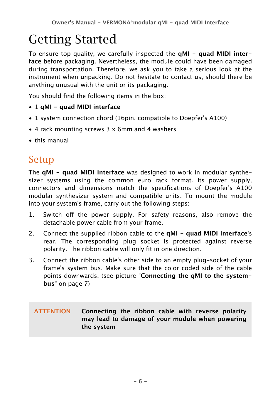 Getting started, Setup | Vermona qMI - quad MIDI Interface User Manual | Page 6 / 22
