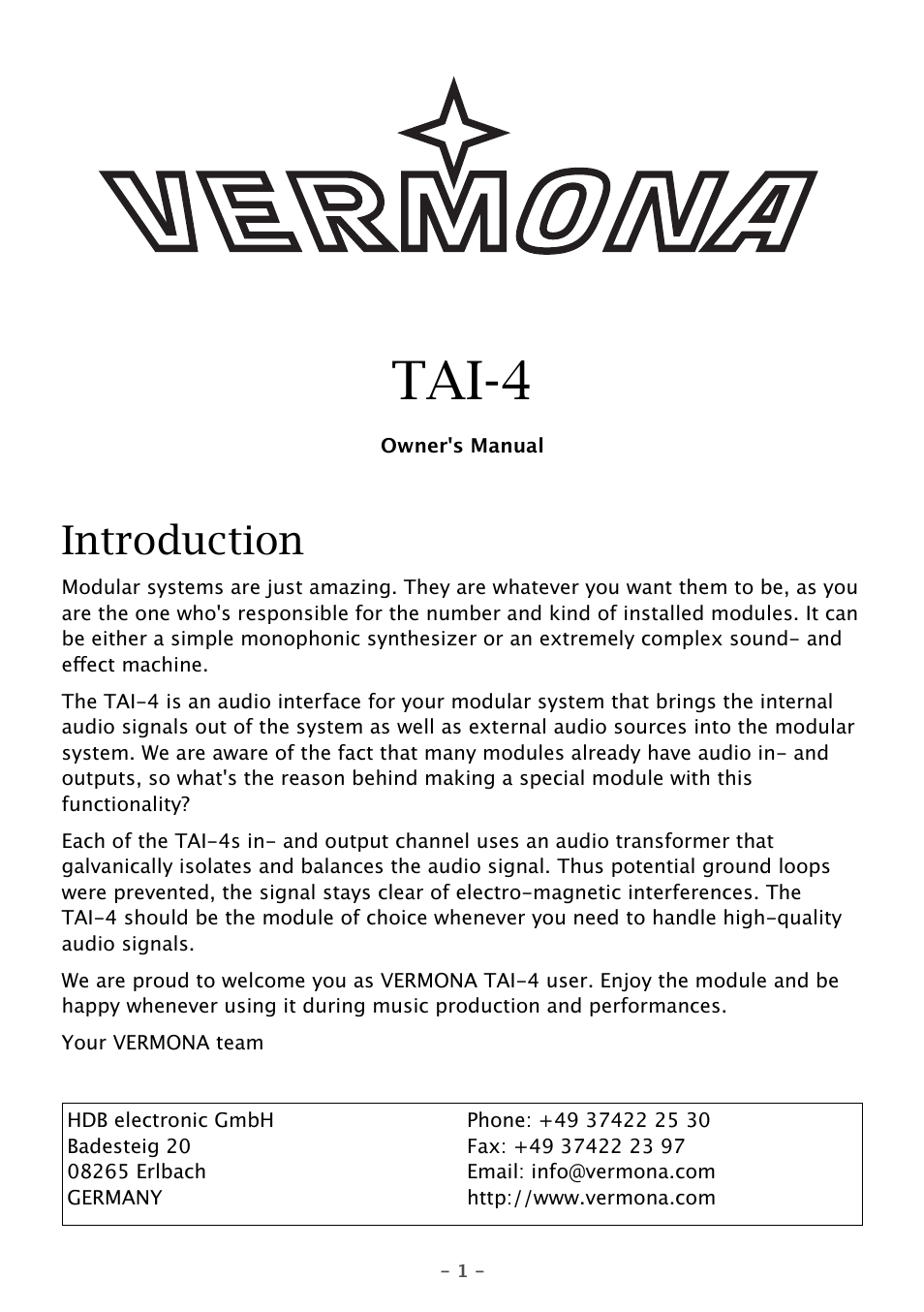 Vermona TAI-4 - transformer-isolated audio Interface User Manual | 4 pages