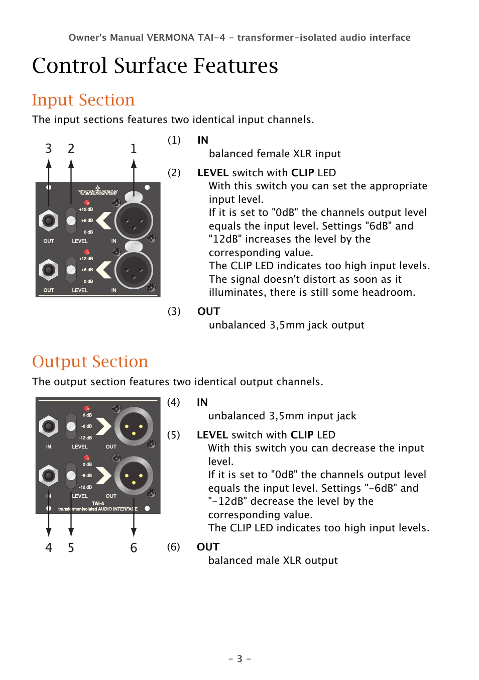 Control surface features | Vermona TAI-4 - transformer-isolated audio Interface User Manual | Page 3 / 4