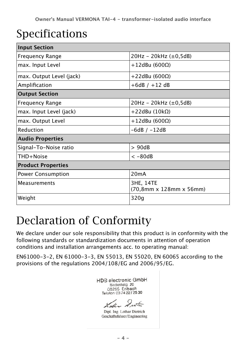 Specifications, Declaration of conformity | Vermona TAI-4 - transformer-isolated audio Interface User Manual | Page 4 / 4