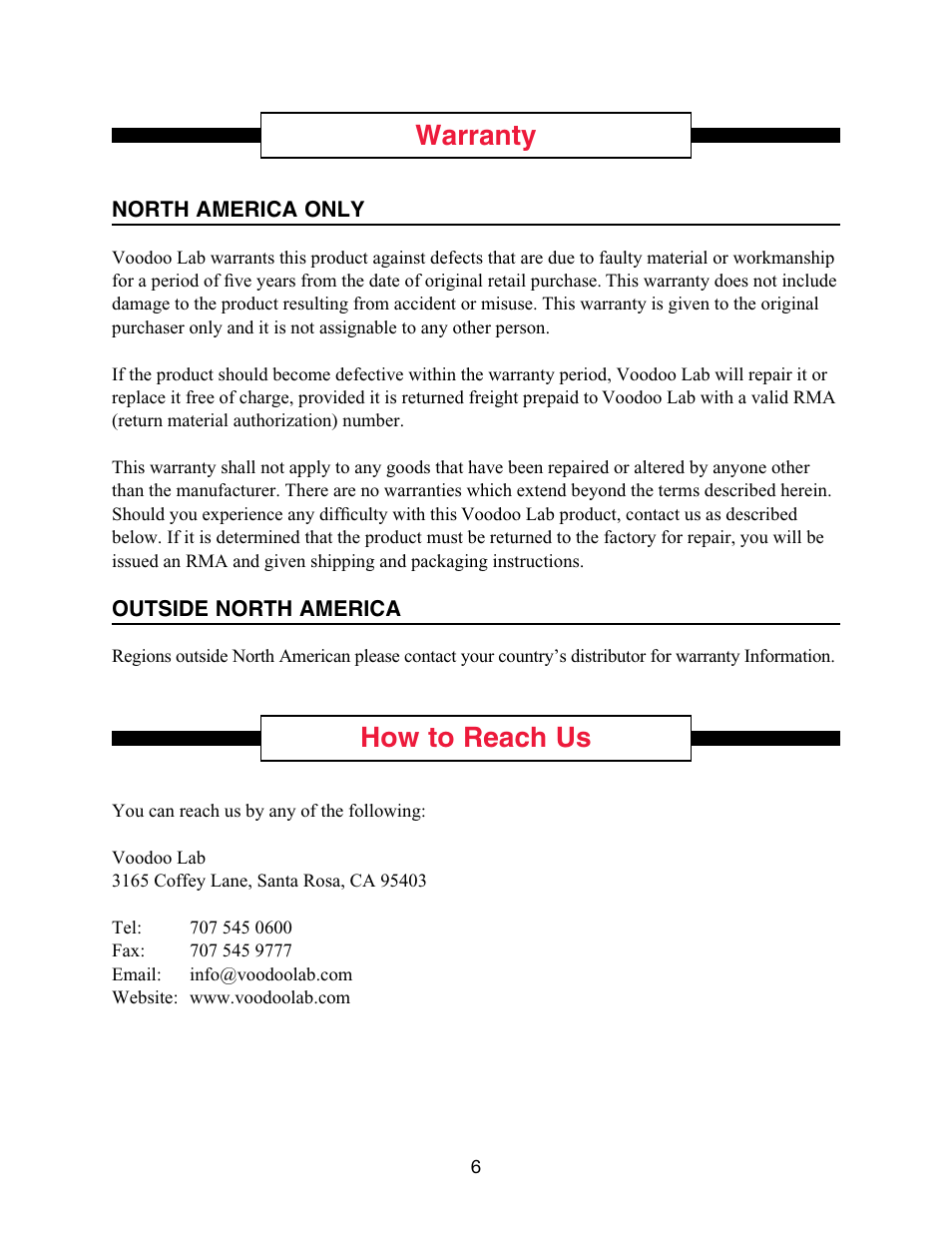 Warranty, How to reach us | Voodoo Lab Commander User Manual | Page 8 / 8