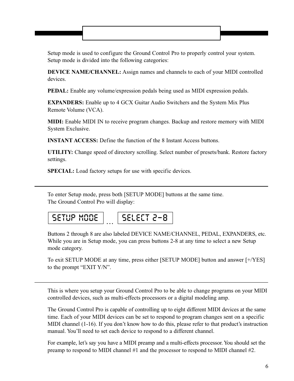 Setup mode, Enter & exit setup mode, Device name/channel | Select 2-8 setup mode | Voodoo Lab Ground Control Pro User Manual | Page 11 / 30