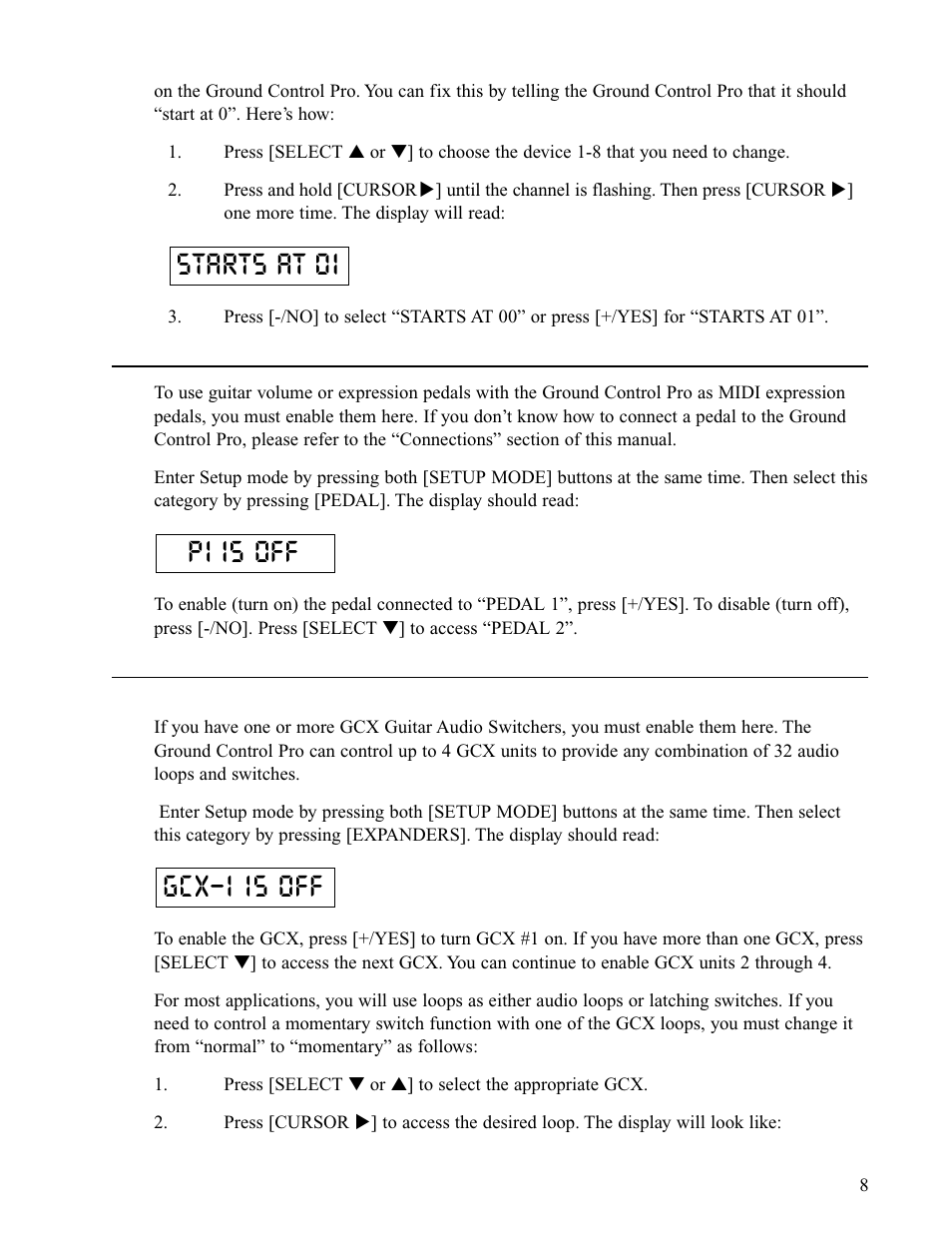 Pedal, Expanders, Gcx-1 is off p1 is off starts at 01 | Voodoo Lab Ground Control Pro User Manual | Page 13 / 30