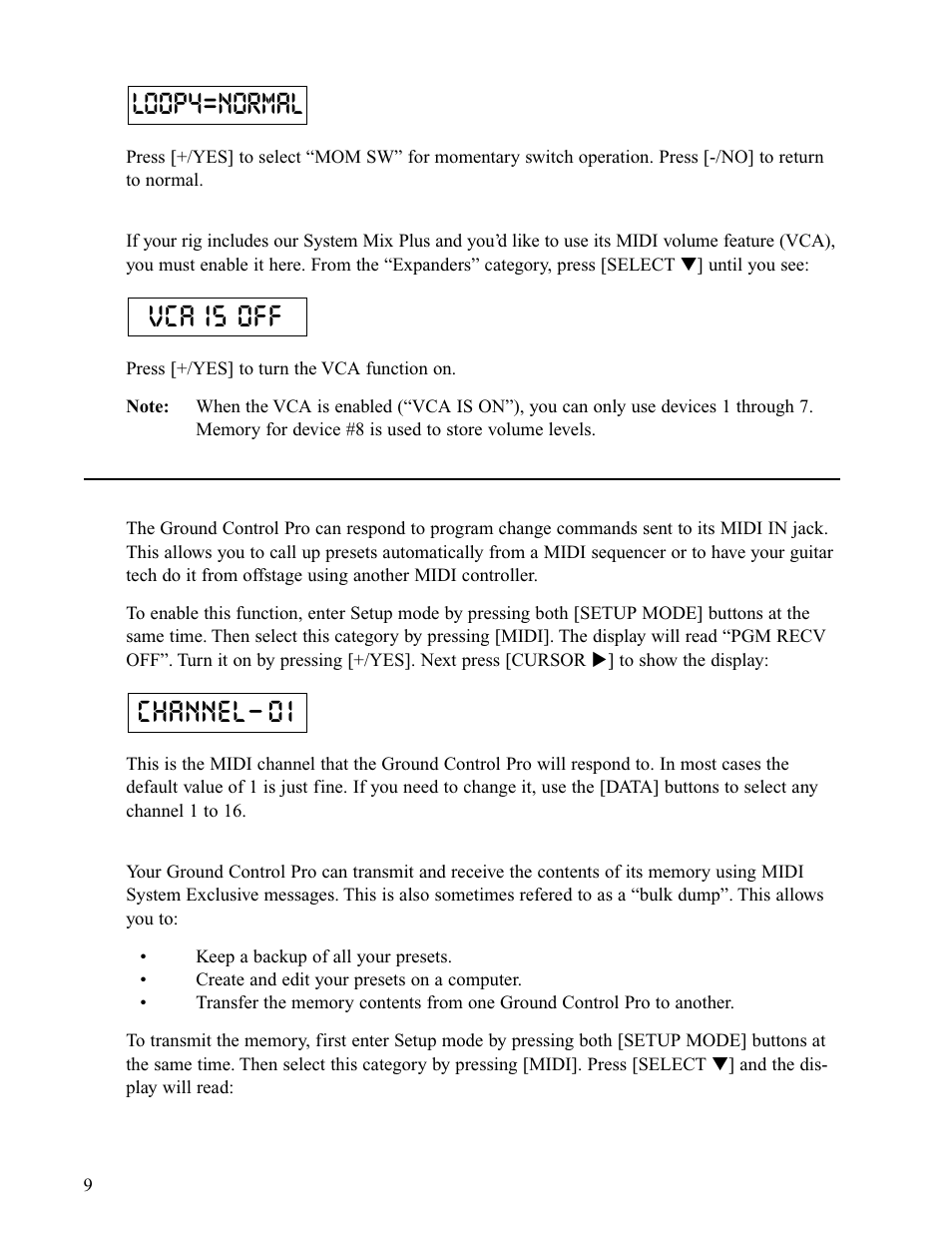 Midi, Channel- 0 1 vca is off loop4=normal | Voodoo Lab Ground Control Pro User Manual | Page 14 / 30
