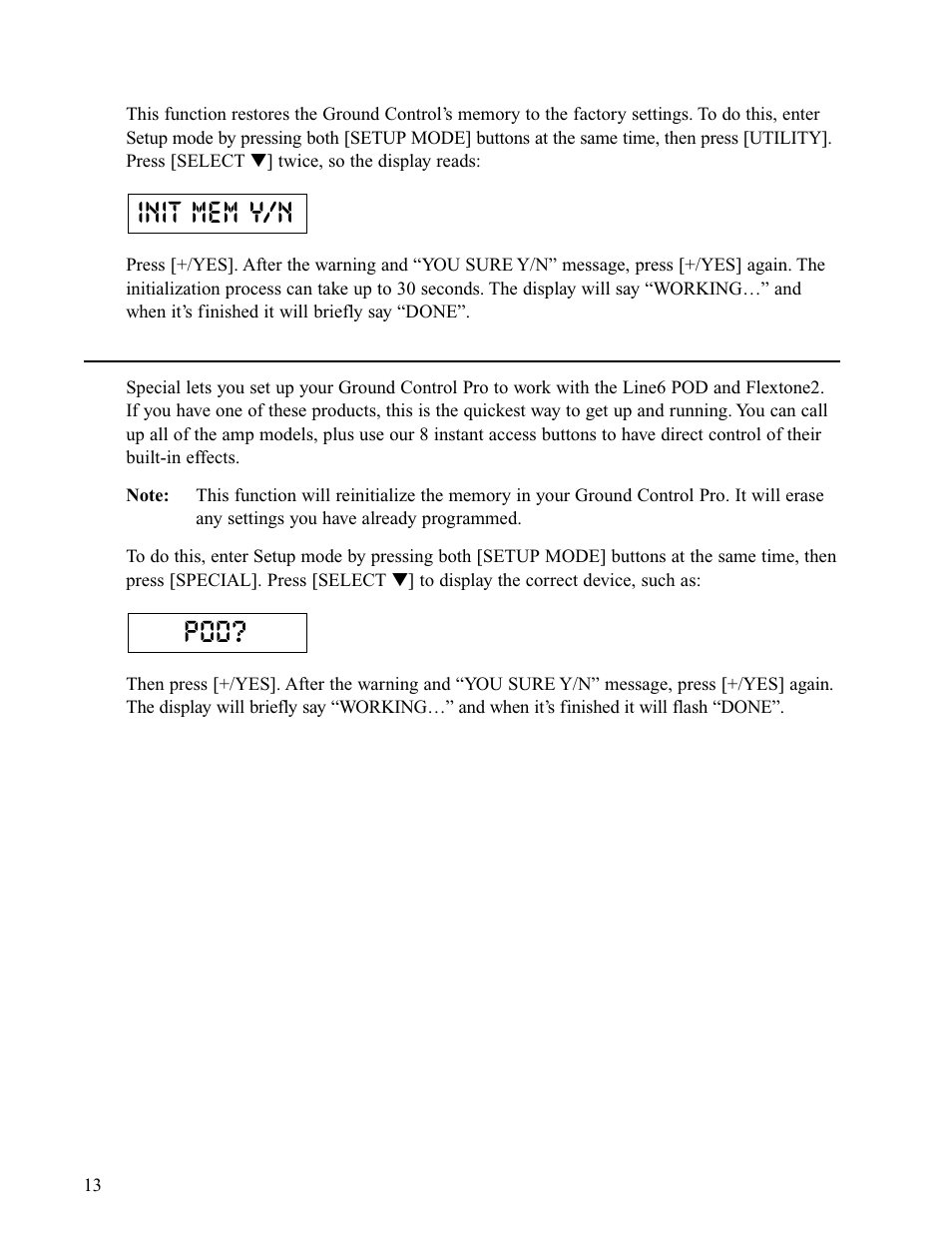 Special, Pod? init mem y/n | Voodoo Lab Ground Control Pro User Manual | Page 18 / 30