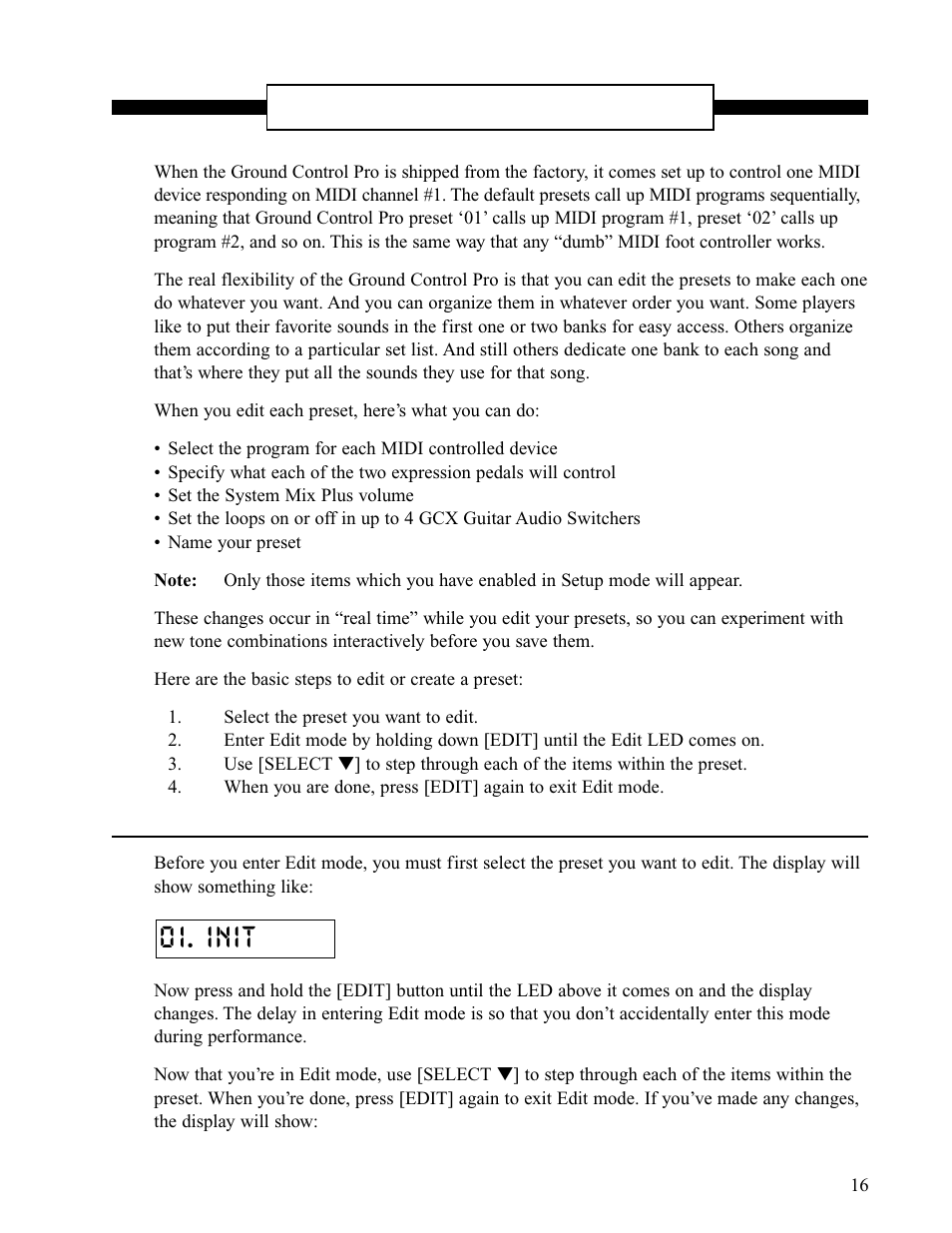 Edit preset, Entering edit mode, 0 1. init | Voodoo Lab Ground Control Pro User Manual | Page 21 / 30