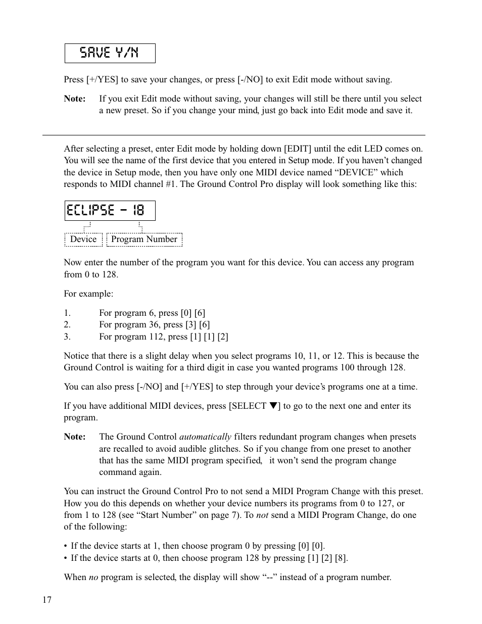 Assigning midi program changes, Eclipse - 18 save y/n | Voodoo Lab Ground Control Pro User Manual | Page 22 / 30