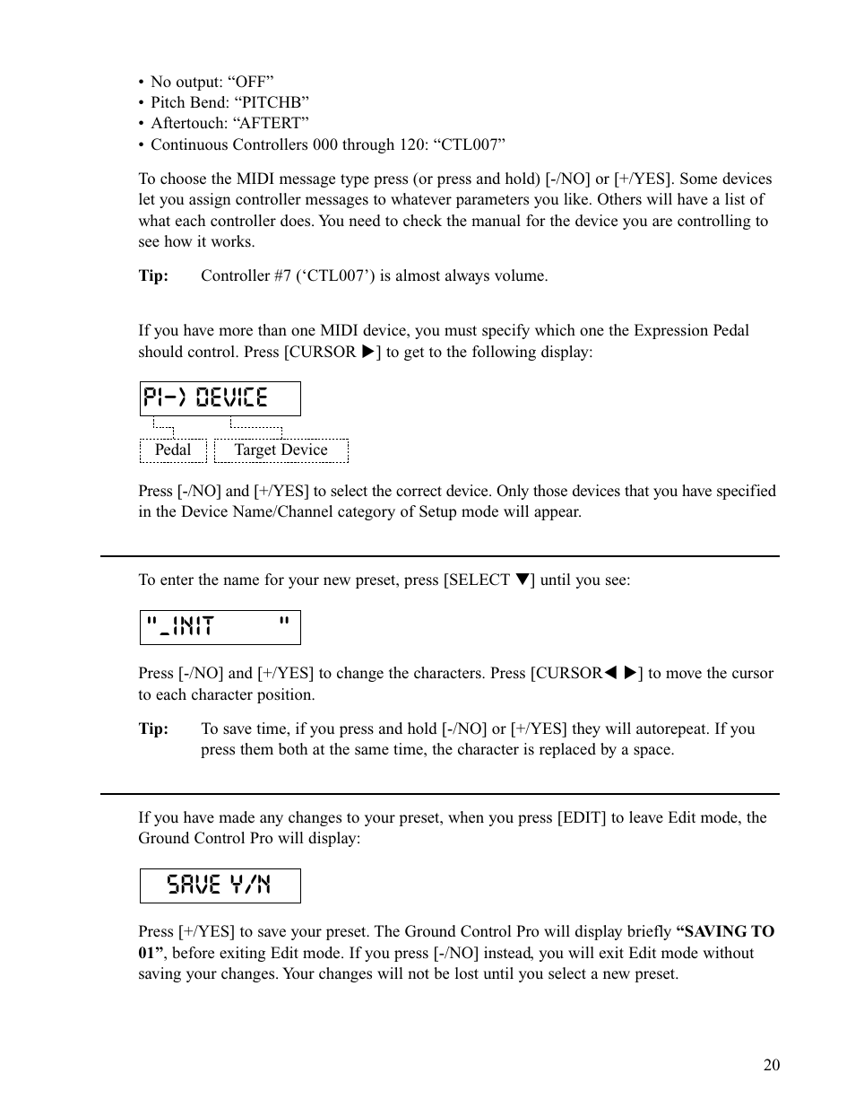 Naming presets, Saving presets, Save y/n "_init | P1-) device | Voodoo Lab Ground Control Pro User Manual | Page 25 / 30