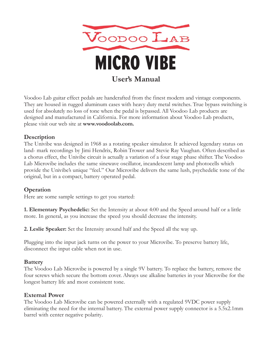 Voodoo Lab Micro Vibe User Manual | 2 pages